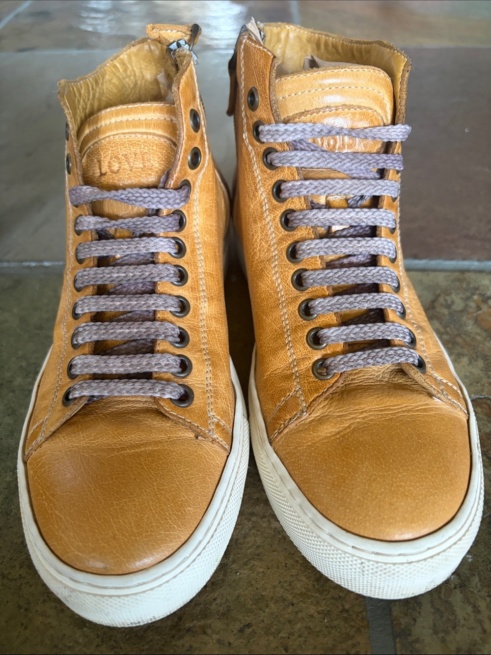 Women’s Tan Leather High-Top Sneakers with Gray Laces